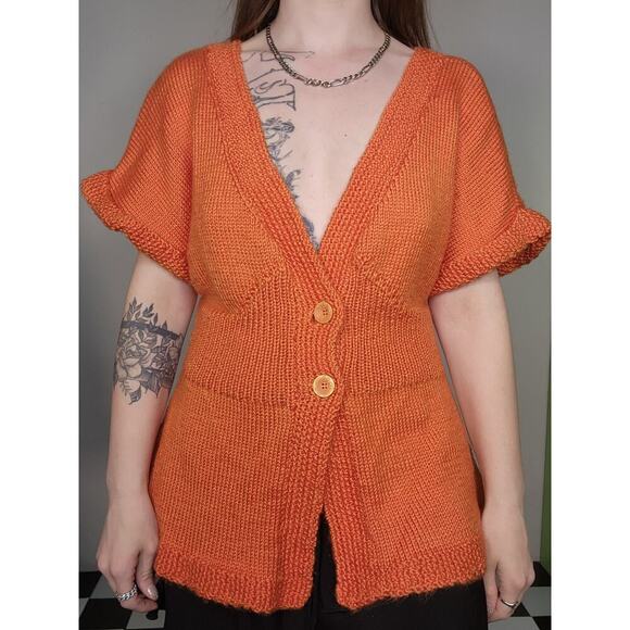 Handmade Bright Vibrant Orange Chunky Knit Button Up Short Sleeve Sweater Sz Med - Picture 5 of 6